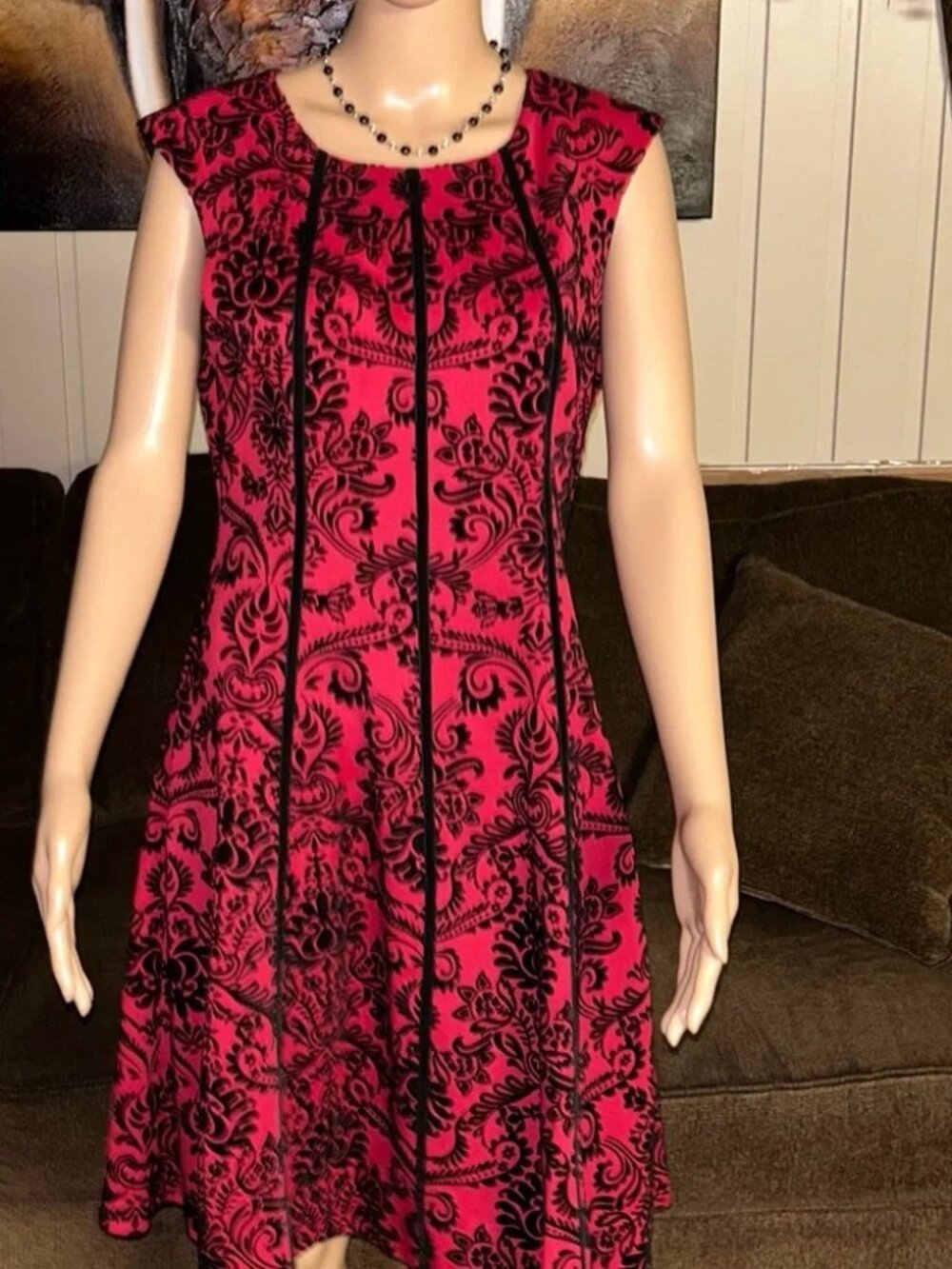 Roz & Ali Red Midi Dress w/Black Velvet Damask Flocking (Size 24)
